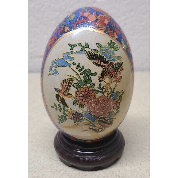 Golden Accented Oriental Birds Flowers Textured Porcelain Ceramic Egg with Stand - Picture 3 of 11